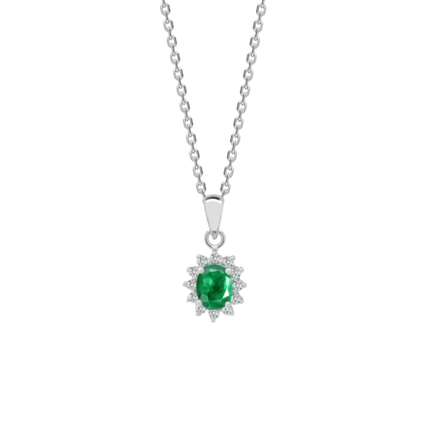 18ct White Gold Emerald and Diamond Cluster Pendant