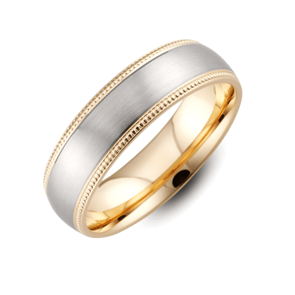 Gents Two Tone Rounded Patterned Wedding Ring with Millgrain Edge