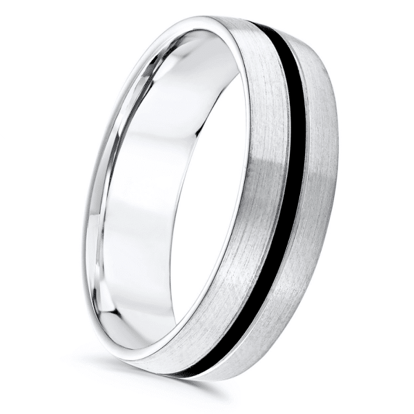 Gents Court Patterned Wedding Ring with Black Centre