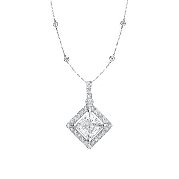 Princess Cut Diamond Halo Pendant with Diamond Chain 1.89cts