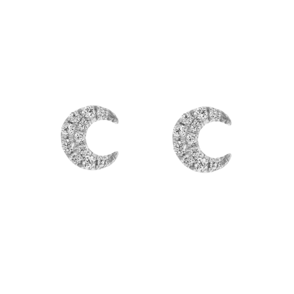 Small Diamond Moon Stud Earrings in White Gold