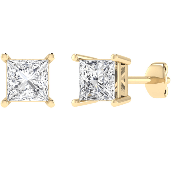 Princess Cut Diamond Claw Set Stud Earrings in Yellow Gold