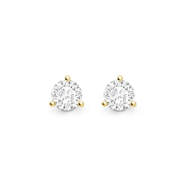 Brilliant Cut Diamond 3 Claw Stud Earrings in Yellow Gold