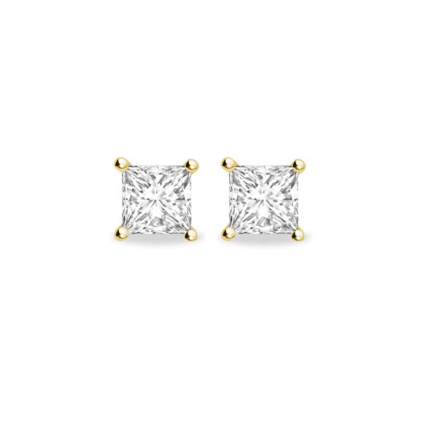 Princess Cut Diamond 4 Claw Stud Earrings in Yellow Gold