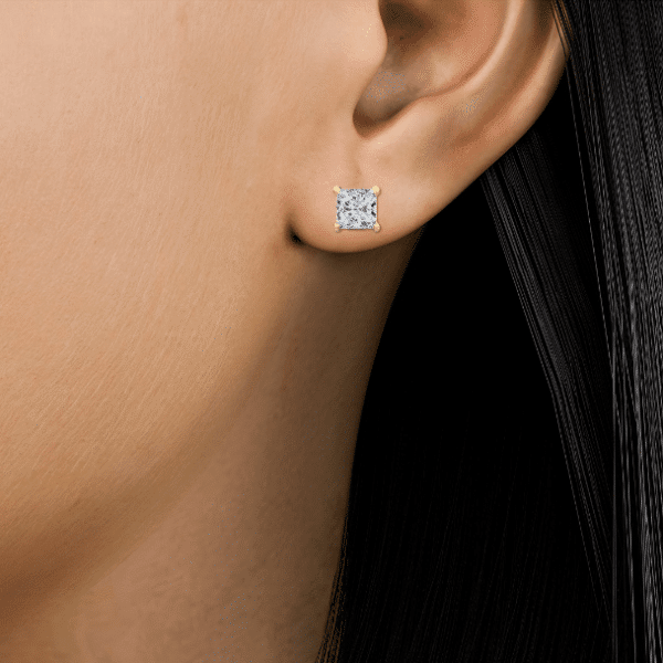 Princess Cut Diamond 4 Claw Stud Earrings in Yellow Gold