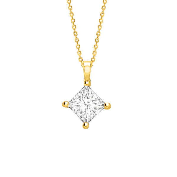 Princess Cut Diamond Four Claw Pendant in Yellow Gold