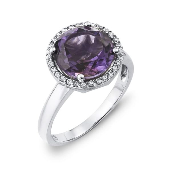 Amethyst & diamond halo dress ring in 9ct white gold