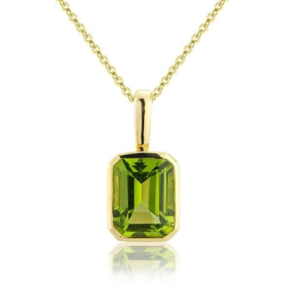 Emerald Cut Peridot Bezel Pendant in 9ct Yellow Gold